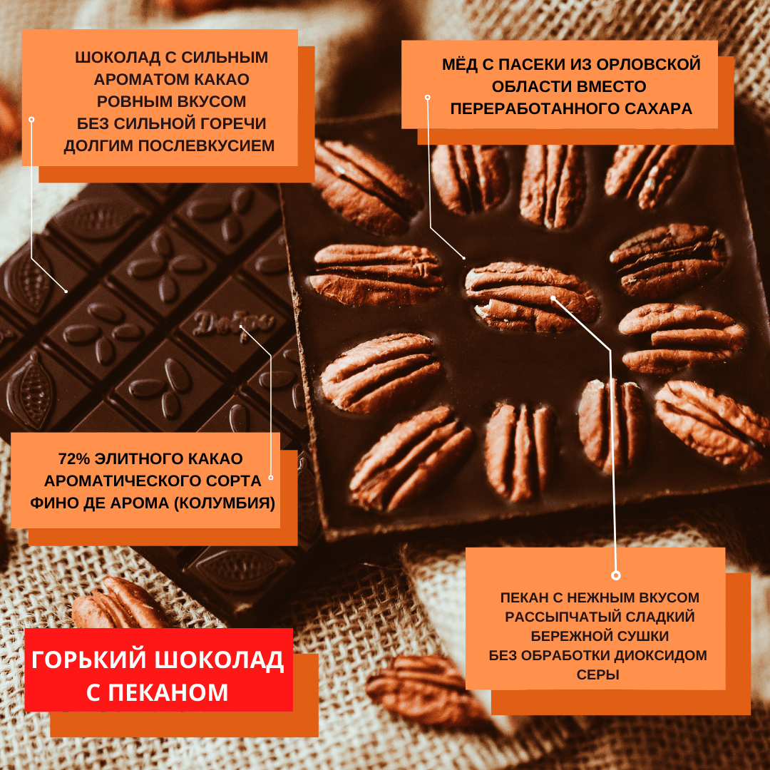 Шоколад горький, 72% на меду С орехом пекан — миниатюра 4
