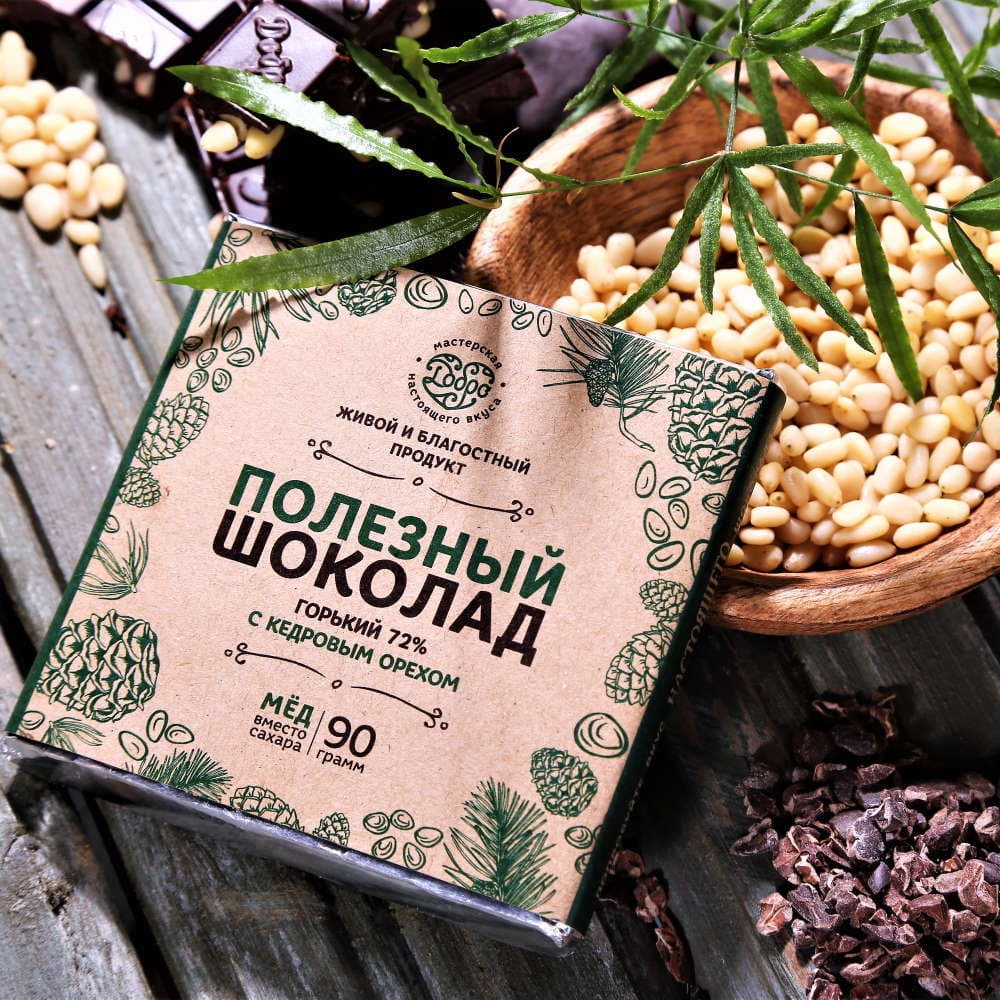 Шоколад горький, 72% какао, на меду, с кедровым орехом
